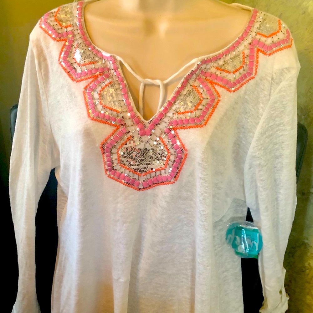 INC Boho linen blend Embroidered Top NWT